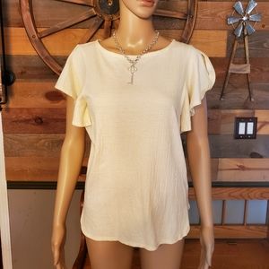 Max Studio Yellow & White Thin Striped Short Flutter Sleeve Top